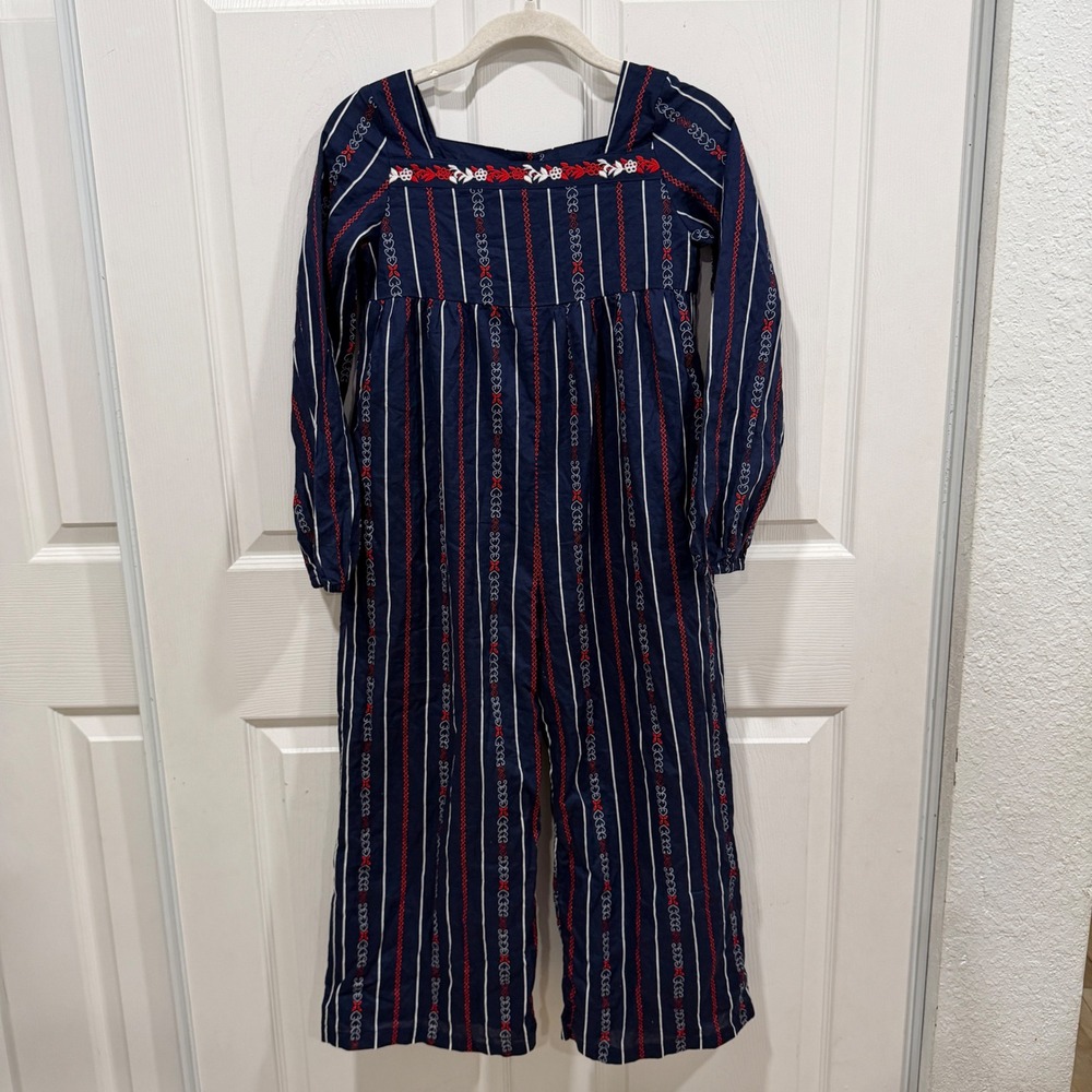 Janie and Jack Girls Navy Striped Embroidered Long Sleeve Jumpsuit Size 10 NWT